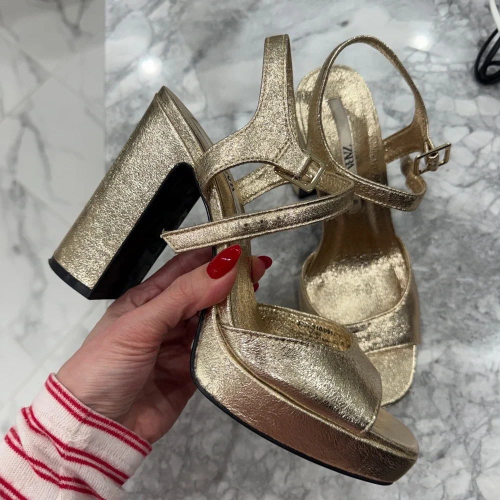 Zara Metallic Gold Block Heel Sandals - Picture 3 of 9